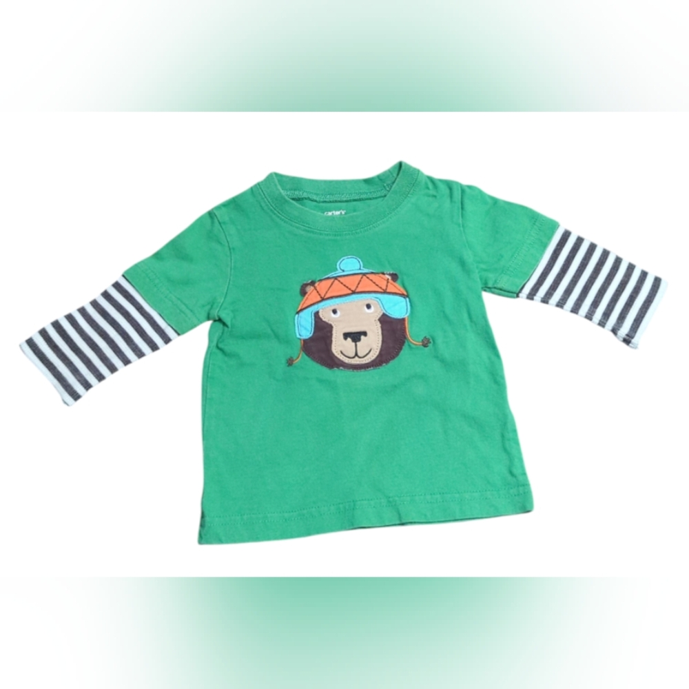 Carter's Green Long Sleeve Tee With Bear And Stripes Size 6 Months.